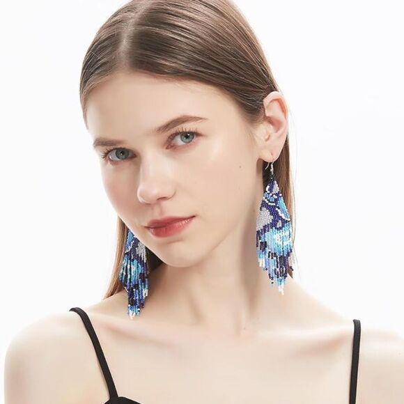 Abstract Bohemian Seed Bead Tassel Dangling Statement French Wire Hook Earrings - Picture 7 of 10